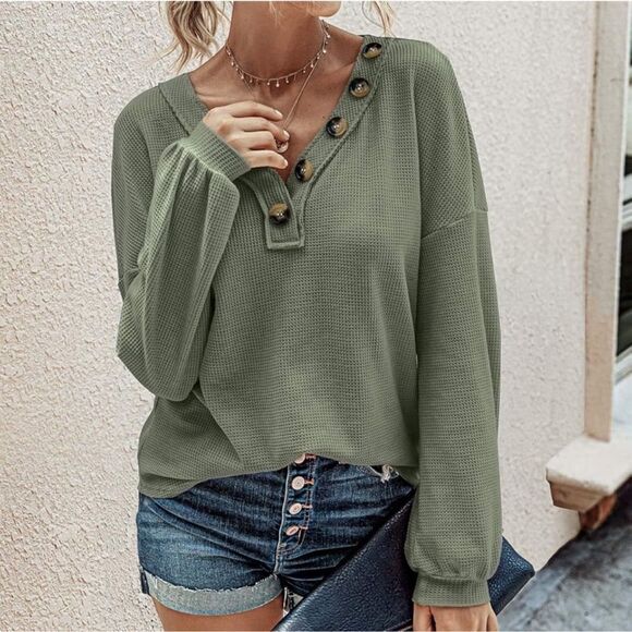 BTFBM L Army Camo Olive Green Waffle Knit Slouchy Relaxed Long Sleeve Thermal - Picture 1 of 14
